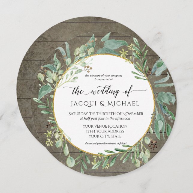 Rustic Eucalpytus Foliage Watercolor Wedding Round Invitation (Front/Back)
