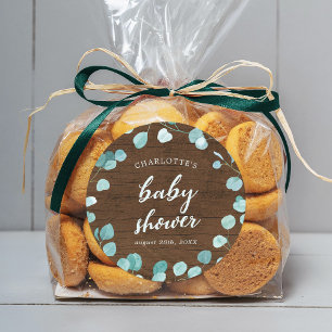 Rustic Eucalyptus and Brown Wood Baby Shower Classic Round Sticker