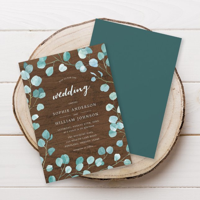 Rustic Eucalyptus and Brown Wood Wedding Invitation (Creator Uploaded)