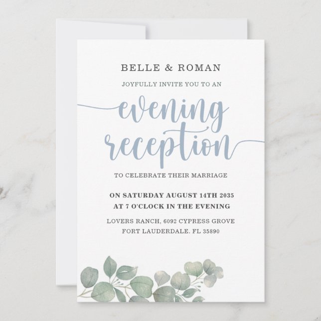 Rustic Eucalyptus Blue Wedding Reception Invitation (Front)