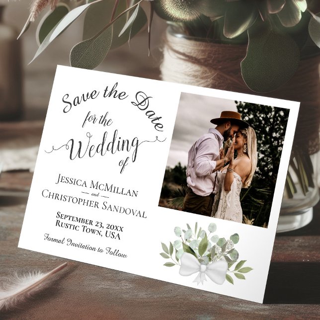 Rustic Eucalyptus Calligraphy & Photo Wedding Save The Date (Creator Uploaded)