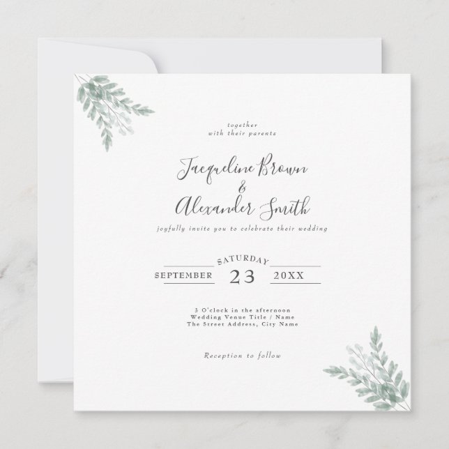 Rustic Eucalyptus Calligraphy Wedding Invitation (Front)