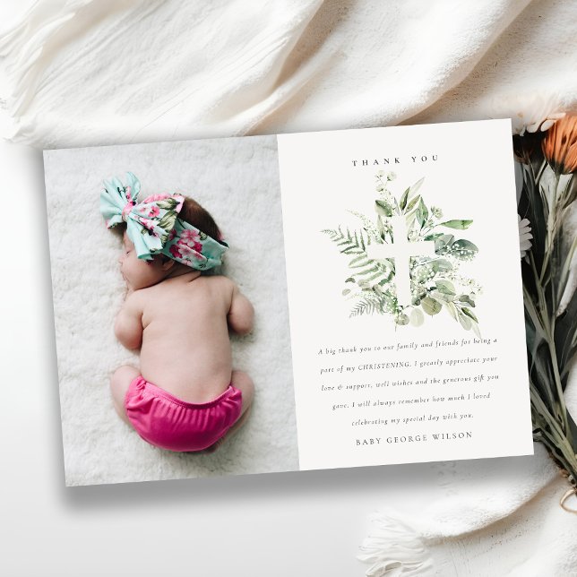 Rustic Eucalyptus Fauna Cross Photo Christening  Thank You Card (Creator Uploaded)