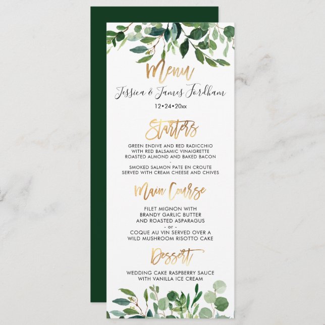 Rustic Eucalyptus Faux Gold Script Menu Invitation (Front/Back)