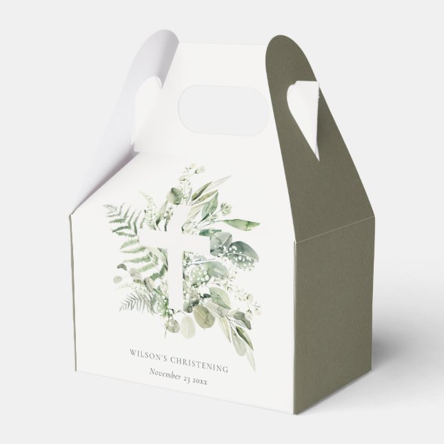 Rustic Eucalyptus Fern Foliage Cross Christening  Favour Box (Front Side)