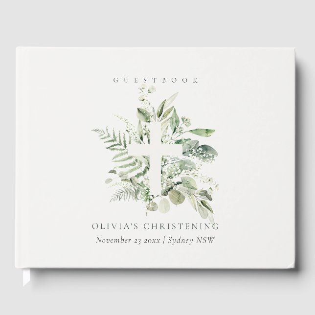 Rustic Eucalyptus Fern Foliage Cross Christening  Guest Book (Front)