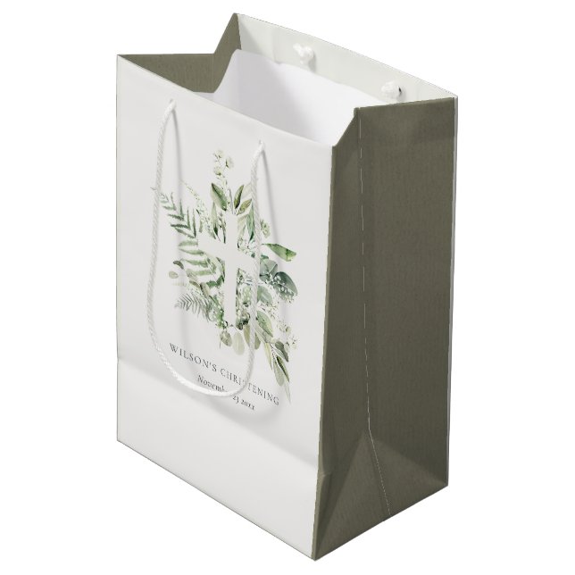 Rustic Eucalyptus Fern Foliage Cross Christening  Medium Gift Bag (Front Angled)