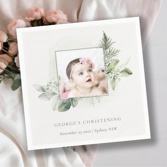 Rustic Eucalyptus Fern Foliage Cross Christening Napkin (Creator Uploaded)