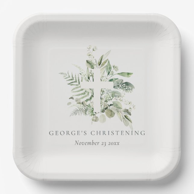 Rustic Eucalyptus Fern Foliage Cross Christening  Paper Plate (Front)