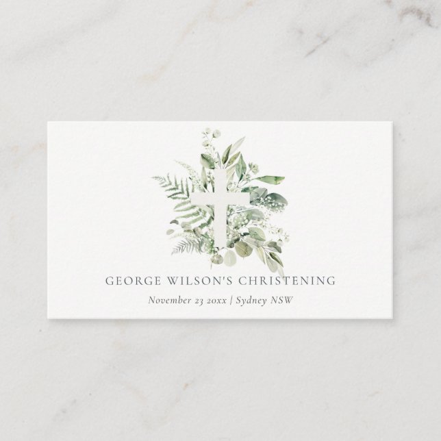 Rustic Eucalyptus Fern Foliage Cross Christening  Place Card (Front)