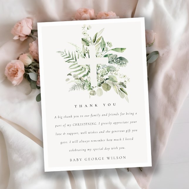 Rustic Eucalyptus Fern Foliage Cross Christening  Thank You Card (Creator Uploaded)