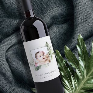 Rustic Eucalyptus Fern Foliage Photo Christening Wine Label