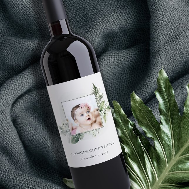 Rustic Eucalyptus Fern Foliage Photo Christening Wine Label (Creator Uploaded)