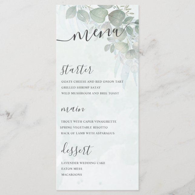 Rustic Eucalyptus Foliage Green Wedding Menu (Front)