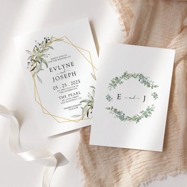 Rustic Eucalyptus Geometric Gold Frame Wedding Invitation (Creator Uploaded)