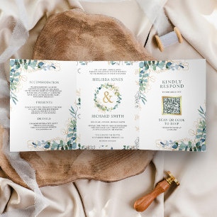 Rustic Eucalyptus Gold All in One QR Code Wedding Tri-Fold Invitation