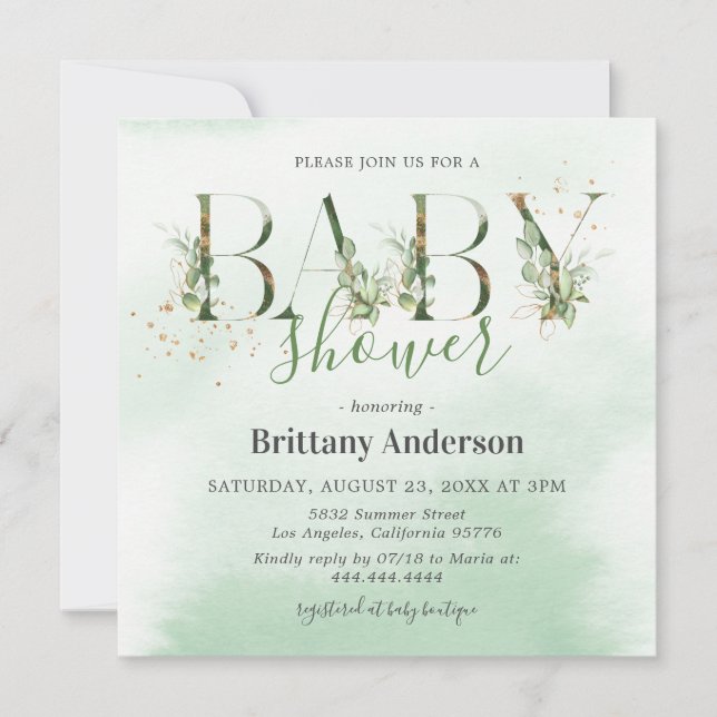 Rustic Eucalyptus Gold Baby Shower Invitation (Front)