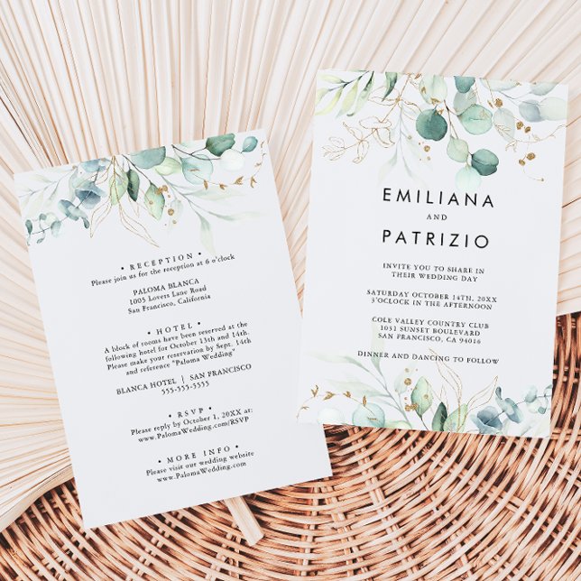 Rustic Eucalyptus Gold Back & Front Wedding  Invitation (Creator Uploaded)