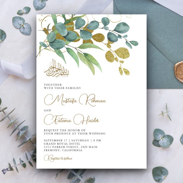 Rustic Eucalyptus Gold Branch Islamic Wedding Invitation (Creator Uploaded)