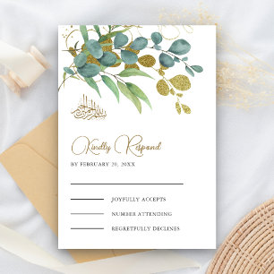 Rustic Eucalyptus Gold Branch Islamic Wedding RSVP Card