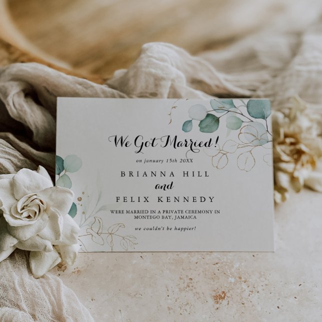 Rustic Eucalyptus Gold Calligraphy Elopement Announcement (Creator Uploaded)