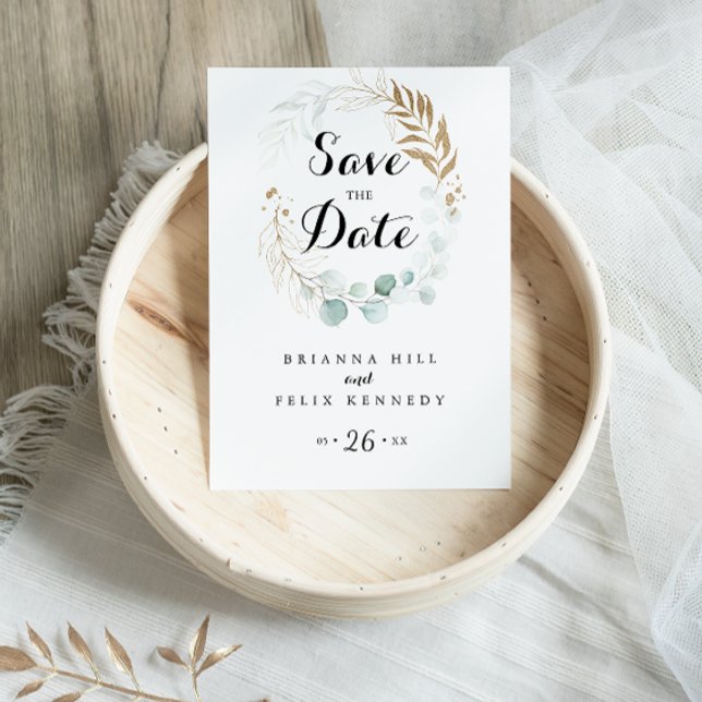 Rustic Eucalyptus Gold Calligraphy Save the Date Postcard (Creator Uploaded)