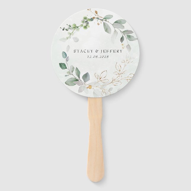 Rustic Eucalyptus Gold Calligraphy Wedding  Hand F Fan (Front)