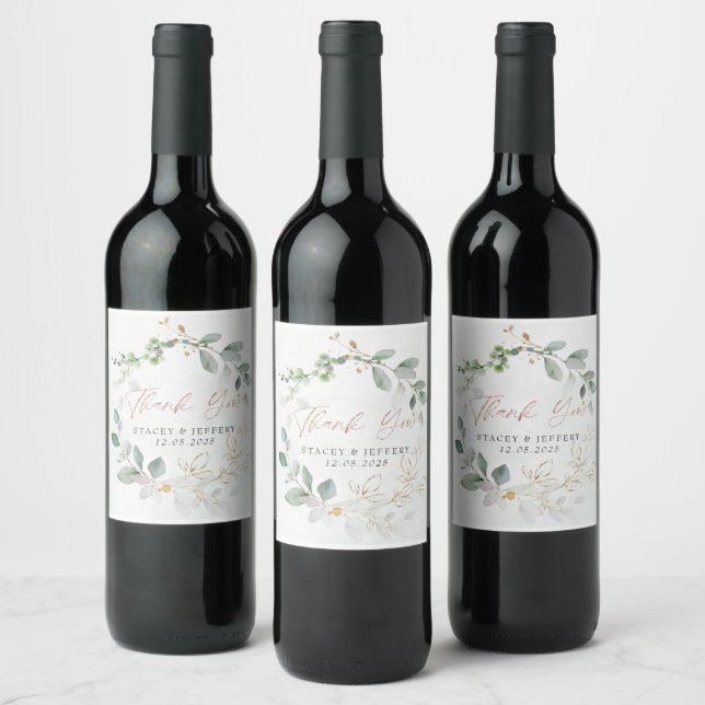 Rustic Eucalyptus Gold Calligraphy Wedding Wine Label (Bottles)