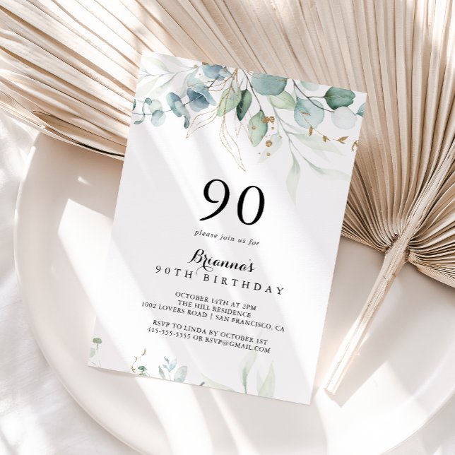 Rustic Eucalyptus Gold Floral 90th Birthday Party Invitation (Creator Uploaded)