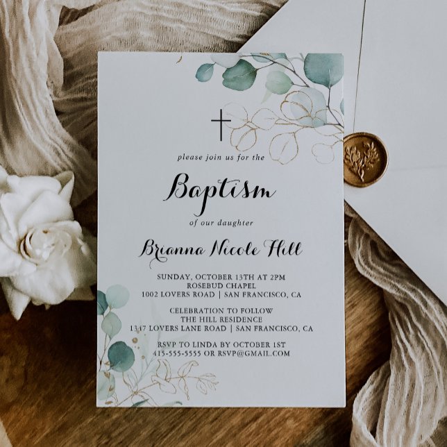 Rustic Eucalyptus Gold Floral Calligraphy Baptism Invitation (Creator Uploaded)