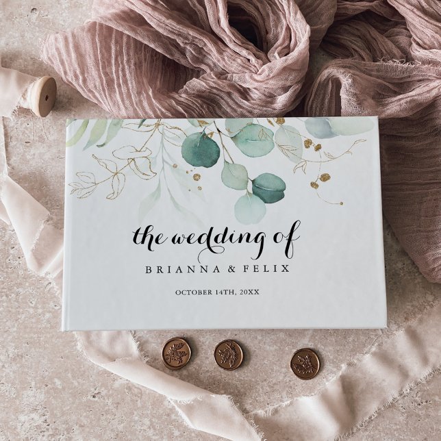 Rustic Eucalyptus Gold Floral Calligraphy Wedding Guest Book (Creator Uploaded)