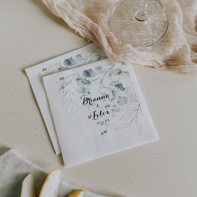 Rustic Eucalyptus Gold Floral Calligraphy Wedding Napkin (Creator Uploaded)