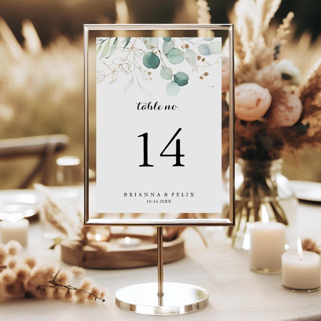 Rustic Eucalyptus Gold Floral Calligraphy Wedding Table Number (Creator Uploaded)