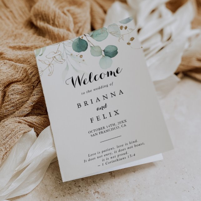 Rustic Eucalyptus Gold Floral Folded Wedding Programme (Creator Uploaded)