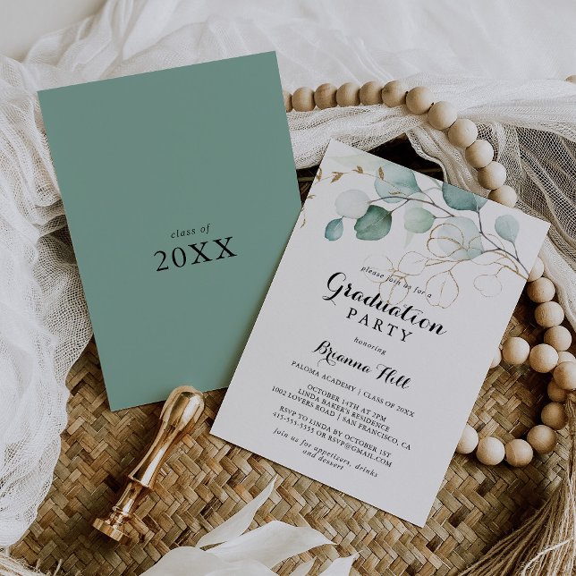Rustic Eucalyptus Gold Floral Graduation Party Invitation (Creator Uploaded)