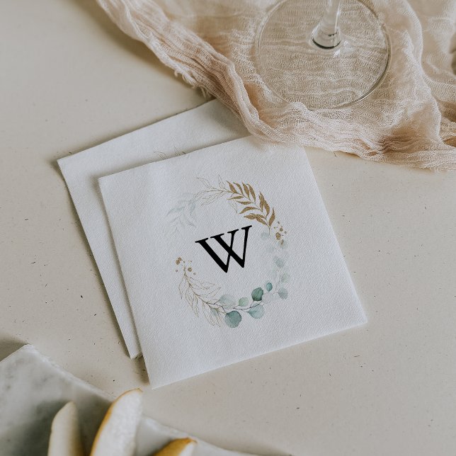 Rustic Eucalyptus Gold Floral Monogram Wedding Napkin (Creator Uploaded)