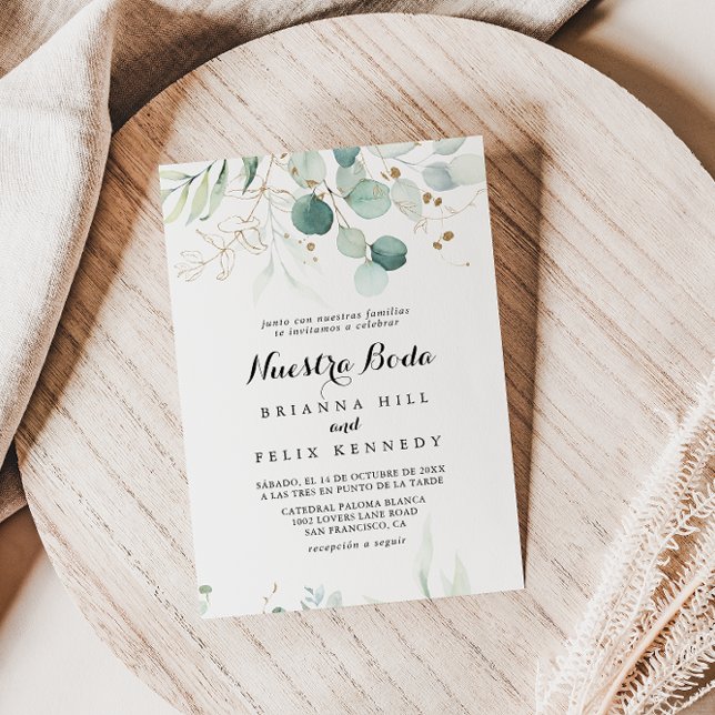 Rustic Eucalyptus Gold Floral Nuestra Boda Wedding Invitation (Creator Uploaded)