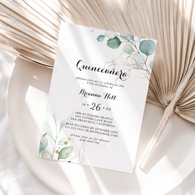 Rustic Eucalyptus Gold Floral Quinceañera Invitation (Creator Uploaded)