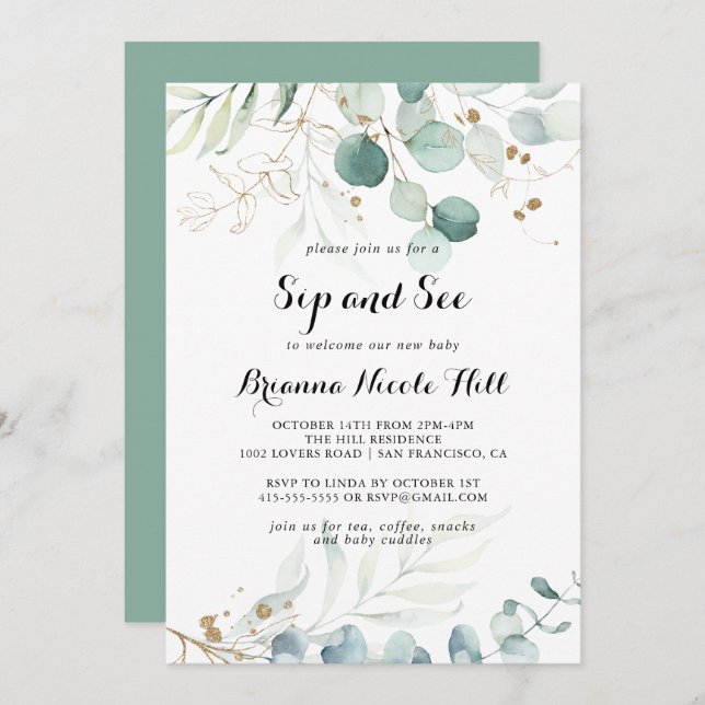 Rustic Eucalyptus Gold Floral Sip and See Invitation (Front/Back)