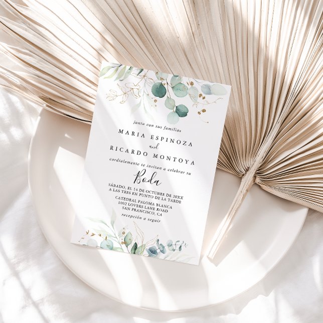Rustic Eucalyptus Gold Floral Spanish Wedding Invitation (Creator Uploaded)