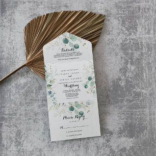 Rustic Eucalyptus Gold Floral Wedding All In One Invitation