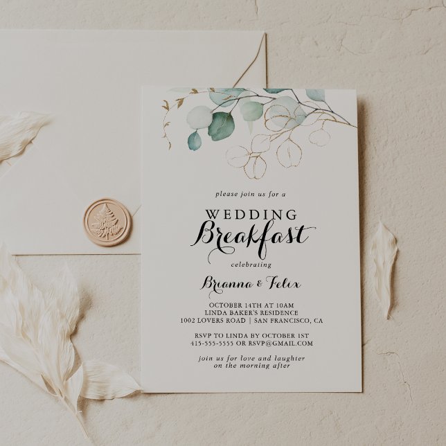 Rustic Eucalyptus Gold Floral Wedding Breakfast Invitation (Creator Uploaded)