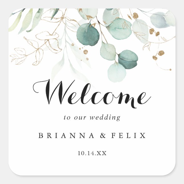 Rustic Eucalyptus Gold Floral Wedding Welcome Square Sticker (Front)