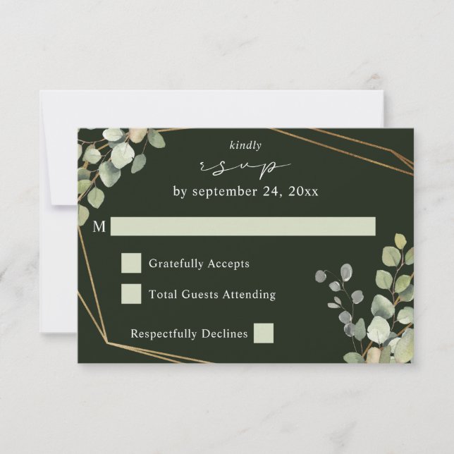 Rustic Eucalyptus & Gold Frame no Meal RSVP Green Card (Front)