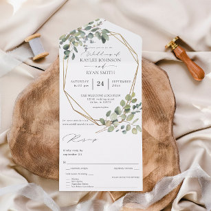 Rustic Eucalyptus & Gold Frame Wedding All In One Invitation