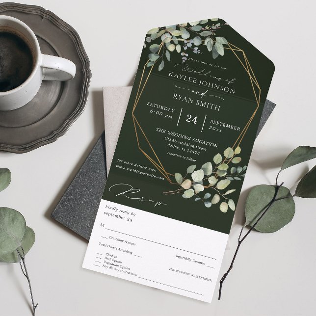 Rustic Eucalyptus & Gold Frame Wedding - Green All In One Invitation (Creator Uploaded)