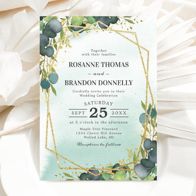 Rustic Eucalyptus Gold Geometric Wedding Invitation (Creator Uploaded)
