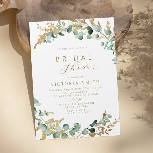 Rustic eucalyptus gold greenery boho bridal shower invitation
