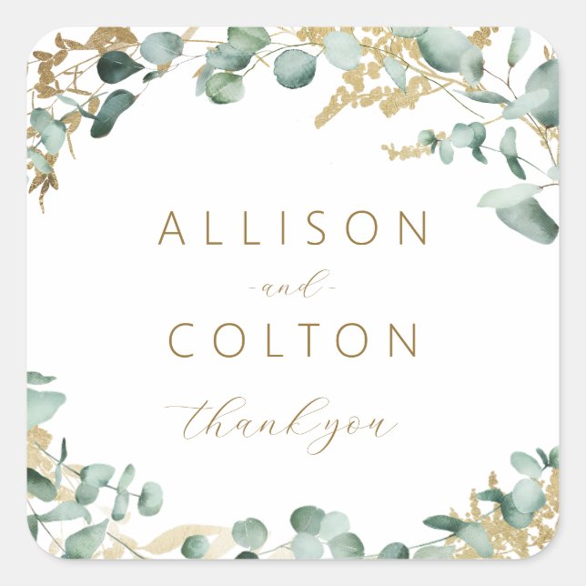 Rustic eucalyptus gold greenery boho wedding favou square sticker (Front)