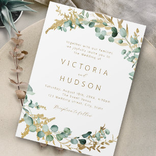 Rustic eucalyptus gold greenery boho wedding invitation